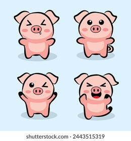 hand drawn cute pig cartoon character set