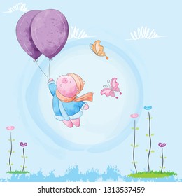 Hand drawn cute pig flying-  air balloon. Vector