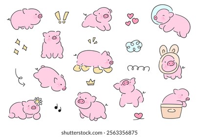 Hand drawn cute pig, pigs doodle style, cute pink pig