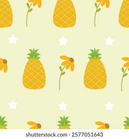 Hand drawn cute pineapple with sunflower seamless pattern. Suitable for use for wallpaper, backdrop, wrapping paper, fabrics, textile, packaging, etc
