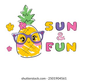 Ilustración vectorial tropical linda de la piña dibujada a mano, impresión de los niños 