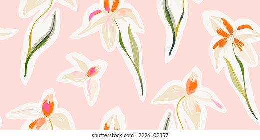 Hand drawn cute pink artistic flowers print. Modern botanical pattern. Fashionable template for design.  - Shutterstock ID 2226102357