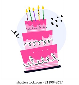 Hand drawn cute pink  Birthday cake with candles. Flat style vector illustration, isolated on white background.  Happy birthday greeting card design with hand drawn cupcake with candles.