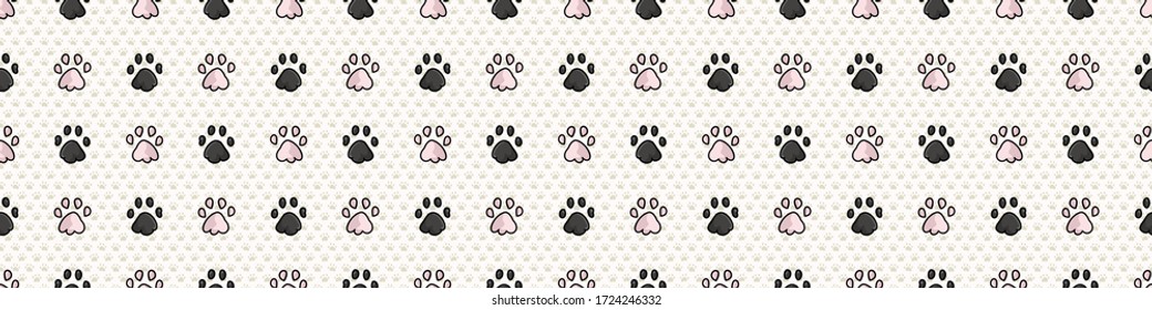  Hand drawn cute pink and black pet cat paw with claw seamless vector border. Wild animal paw pad background. Fun joyful wild trail for kids all over print. Kitten and pet. EPS 10. 