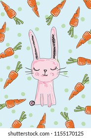 hand drawn cute pink bunny and carrot vector design 