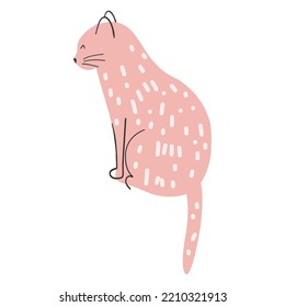 La mano dibujó un lindo gato rosado. Ilustración vectorial del gatito, animal divertido para afiches, impresión de tela, niños textiles, diseño de tarjetas.