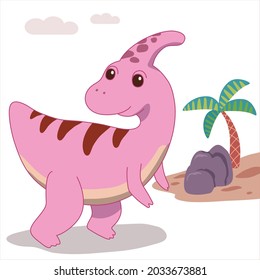 Hand drawn cute Pink dino and palm tree on white background. Vector illustration with the word dino.