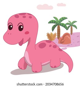 Hand drawn cute Pink dino and palm tree on white background. Vector illustration with the word dino.