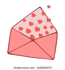 Hand drawn a cute pink envelope with hearts. Vector doodle sketch illustration isolated on white background.