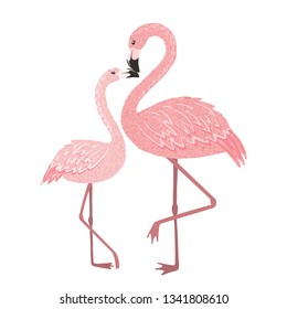 Hand drawn cute pink flamingo mom with baby isolated on white background. Tropical bird. Vector illustration.