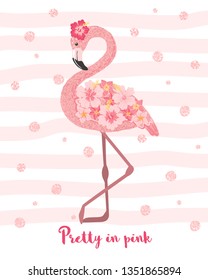 Hand drawn cute pink flamingo with flowers. Cartoon tropical bird. Design element for poster, banner, t-shirt print, greeting cards and other. Vector illustration.