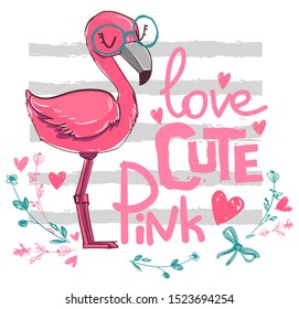 Hand drawn cute pink flamingo. Vector illustration. Childish design print.