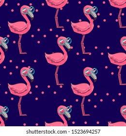 Hand drawn cute pink flamingo pattern seamless. Vector illustration. Childish design print for textile.