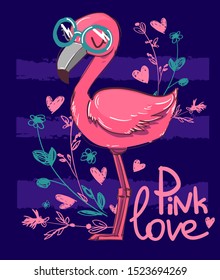 Hand drawn cute pink flamingo. Vector illustration. Childish design print.