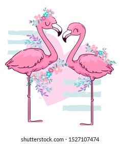 Hand drawn cute pink flamingo. Vector illustration. Design print for t-shirt.