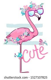 Hand drawn cute pink flamingo. Vector illustration. Design print for t-shirt.