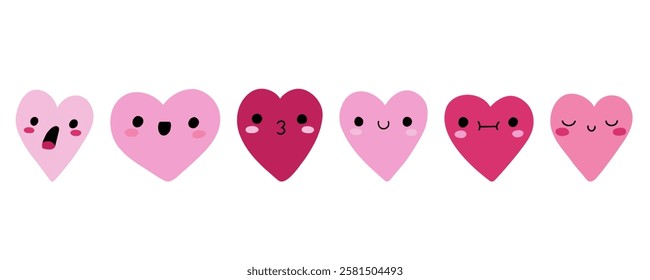 Hand drawn cute pink heart character set. Heart emotions collection. Cartoon avatar valentine's day elements. Stock vector illustration isolated on a white background.
