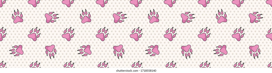Hand drawn cute pink puppy dog paw seamless vector border. Wild animal paw pad background. Fun joyful wild trail for kids all over print. Kitten and pet. EPS 10. 