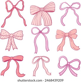 Hand Drawn Cute Pink Ribbon Bows Coquette Feminine Bow Illustration 