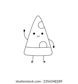 Hand drawn cute pizza slice cartoon character waving hand sketch outline