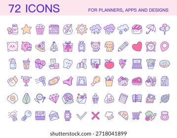Hand Drawn Cute Planner Icons Collection with Wellness, Food, Study, Shopping, Entertainment, Weather and Daily Life Symbols for Journals, Calendars, Apps and Organizers