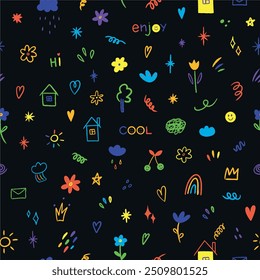 Hand drawn cute playful children's seamless pattern. Doodle decorative elements sketch in kid style. Various icons such as hearts, stars, speech bubbles, arrows, lines isolated on black background.