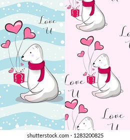Hand drawn cute polar bear with pattern set