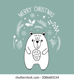 Hand drawn cute polar bear Merry Christmas lettering botanical elements. Holiday greeting card in Scandinavian style