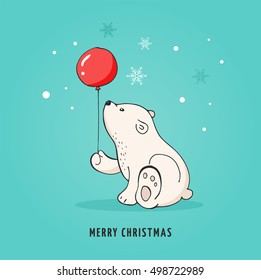 Hand drawn cute polar bear with red balloon. Merry Christmas greetings card