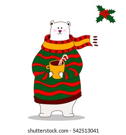 Hand drawn cute polar bear wearing scarf. bear with cup of hot drink