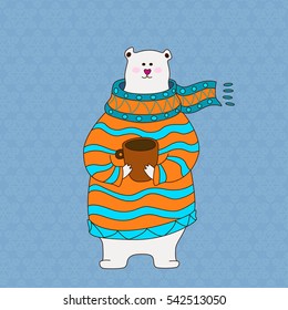 Hand drawn cute polar bear wearing scarf. bear with cup of hot drink