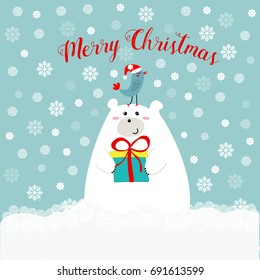 Hand drawn cute polar bear holding gift box kawaii bird in santa clause hat on his head merry christmas text lettering red, blue white snowy background, greeting card