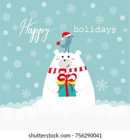 Hand drawn cute polar bear holding gift box kawaii bird in santa clause hat on his head happy holidays text lettering blue white snowy background. Greeting Card