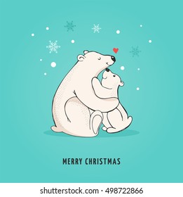 Hand drawn cute polar bears. Merry Christmas greetings card