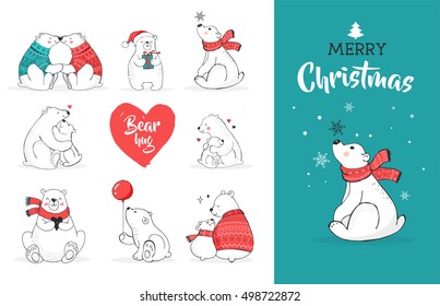 Hand drawn cute polar bears. Merry Christmas greetings card