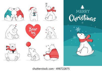 Hand drawn cute polar bears set. Merry Christmas greetings card