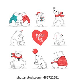 Hand drawn cute polar bears. Merry Christmas greetings card