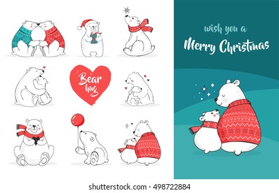 Hand drawn cute polar bears. Merry Christmas greetings card
