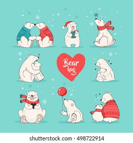 Hand drawn cute polar bears. Merry Christmas greetings card