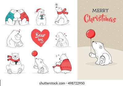 Hand drawn cute polar bears. Merry Christmas greetings card