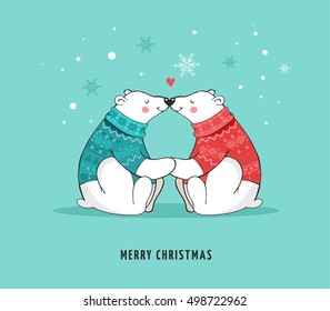 Hand drawn cute polar bears. Merry Christmas greetings card