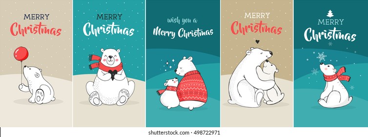 Hand drawn cute polar bears. Merry Christmas greetings card