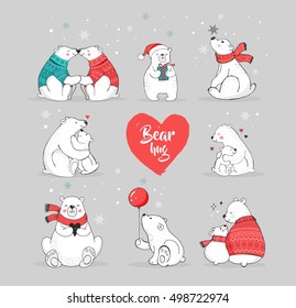 Hand drawn cute polar bears. Merry Christmas greetings card