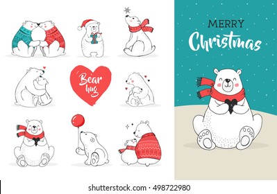 Hand drawn cute polar bears. Merry Christmas greetings card