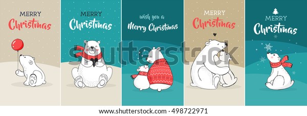 Hand Drawn Cute Polar Bears Merry Christmas Greetings Card