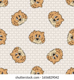 Hand drawn cute pomeranian breed dog face seamless vector pattern. Purebred pedigree domestic dog on paw background. Dog lover spitz pet all over print. Kennel pooch. EPS 10. 