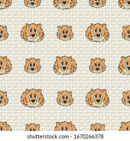 Hand drawn cute pomeranian breed dog and puppy face seamless vector pattern. Purebred pedigree domestic dog on paw background. Dog lover spitz pet all over print. Kennel pooch. EPS 10. 