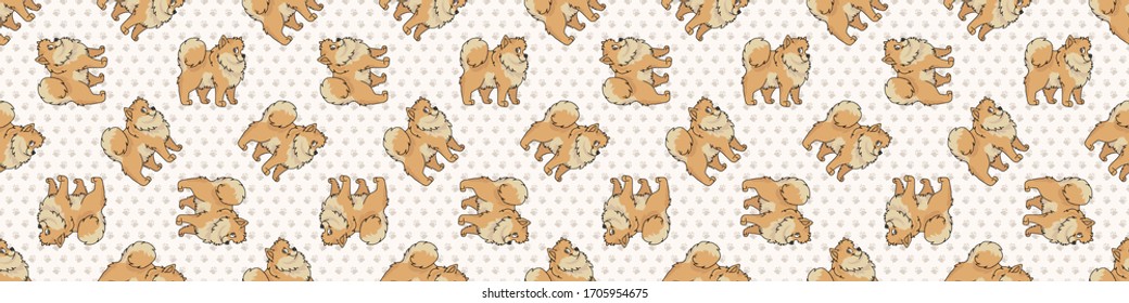 Hand drawn cute pomeranian breed dog seamless border pattern. Purebred pedigree domestic dog background. Dog lover fluffy spitz pet washi ribbon. Kennel pooch EPS 10. 