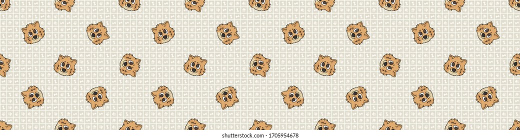 Hand drawn cute pomeranian breed puppy face seamless border pattern. Purebred pedigree domestic dog background. Dog lover fluffy spitz pet washi ribbon. Kennel pooch EPS 10. 