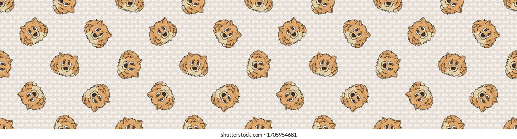 Hand drawn cute pomeranian breed dog face seamless border pattern. Purebred pedigree domestic dog background. Dog lover fluffy spitz pet washi ribbon. Kennel pooch EPS 10. 